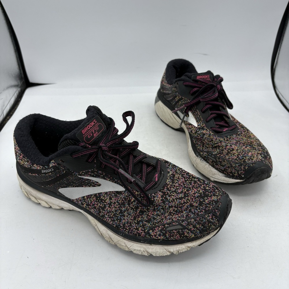 Brooks Shoes Womens Size 10 Adrenaline GTS 18 Run Black Rainbow Confetti Sneaker